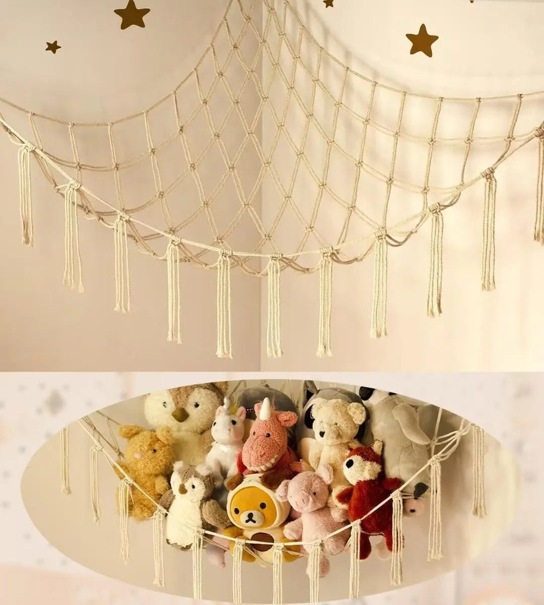 rangements suspendus bohèmes tressés peluches enfants décoration chambre étoiles jouets variés fixations murales crochets