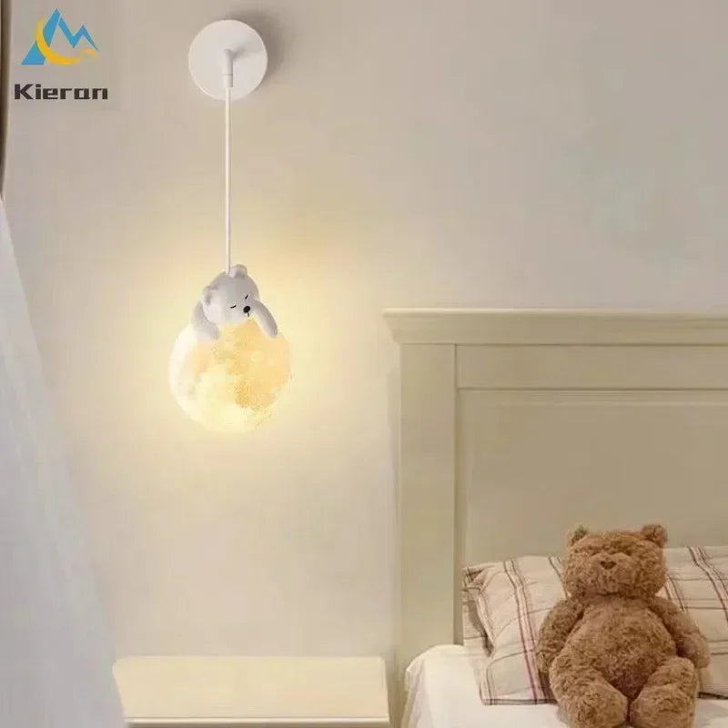 lampe suspendue moderne ours lapin sphère lunaire décoration chambre salon blanc rose