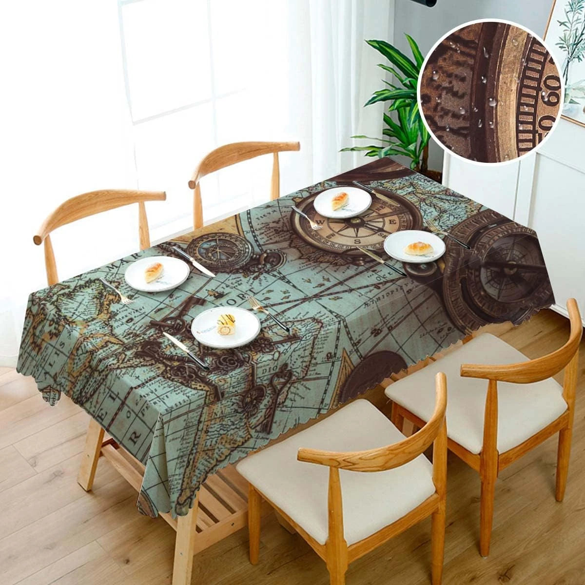 nappe table vintage carte ancienne compas motifs géométriques bleu clair marron adaptée tables