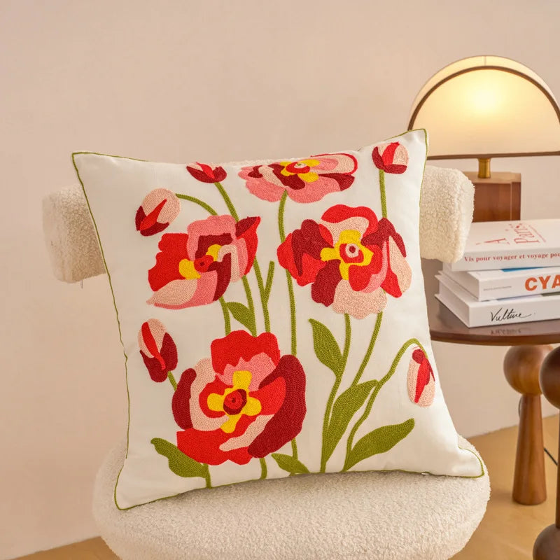 housse coussin décorative motif floral brodé moderne canapé salon lit maison blanc