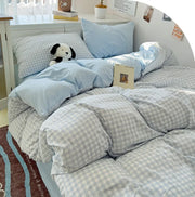 ensemble literie gingham bleu clair gris noir vert menthe rayures couverture taies oreillers minimaliste
