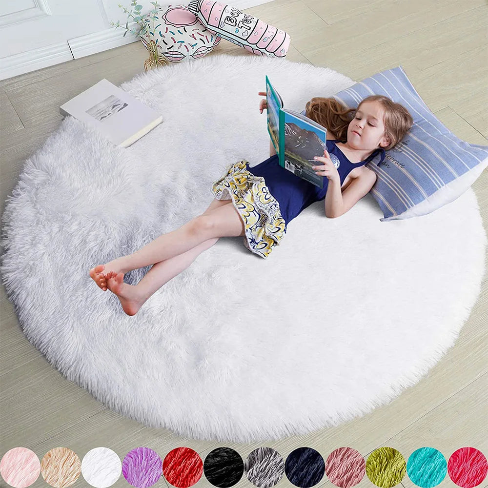 tapis rond blanc pelucheux moderne 100cm diamètre polyester lavable maison pique niqueintérieur