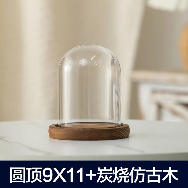 cloche verre transparent base bois bougie parfumée pinçon décoratives