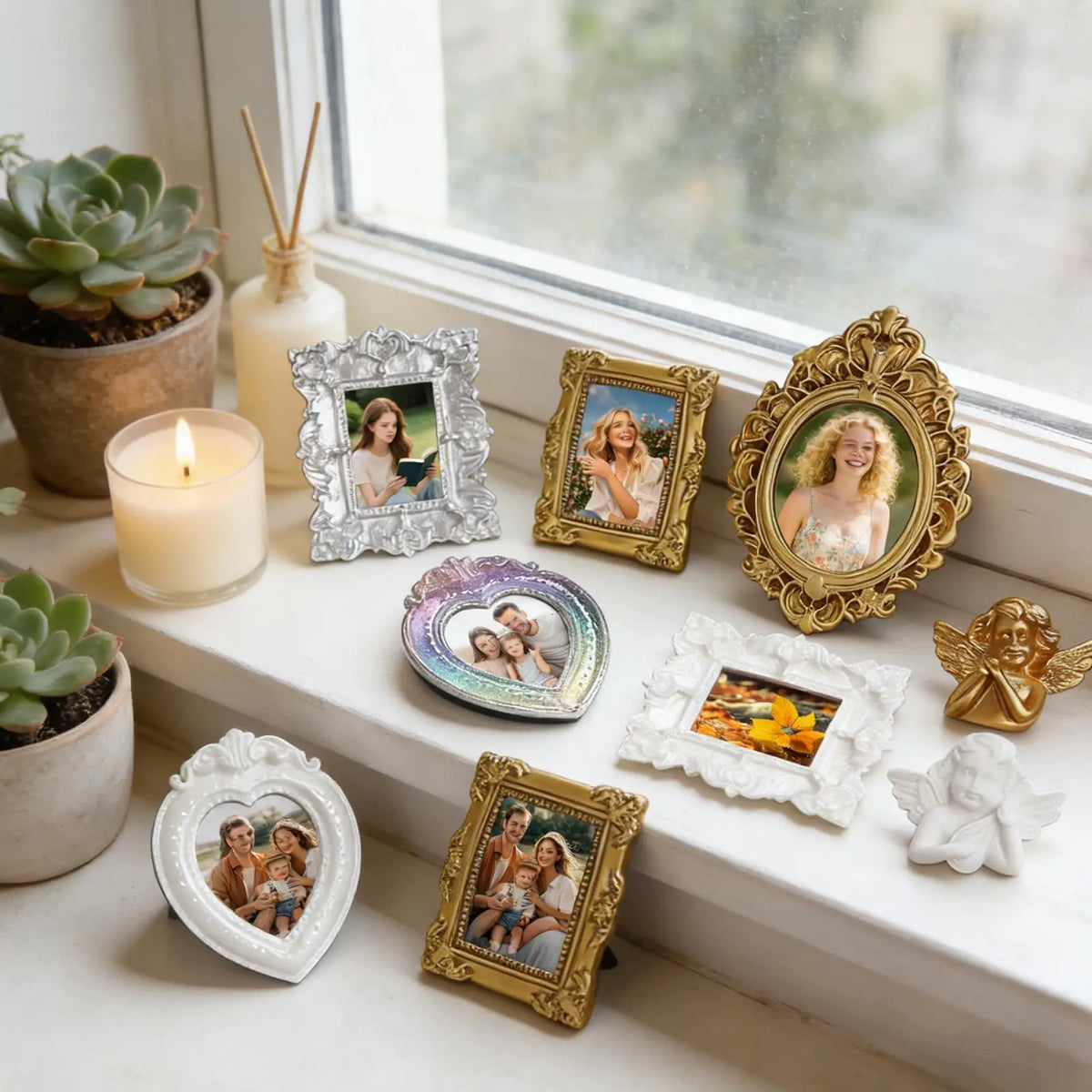 cadres photo classiques or argent blanc ornements baroques brillants coeur ange relief maison famille