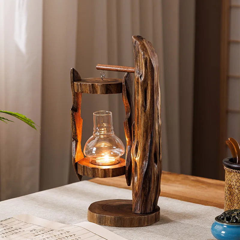 lampe poser bois marron verre transparent rustique artisanale hauteur 40cm base circulaire zen minimaliste