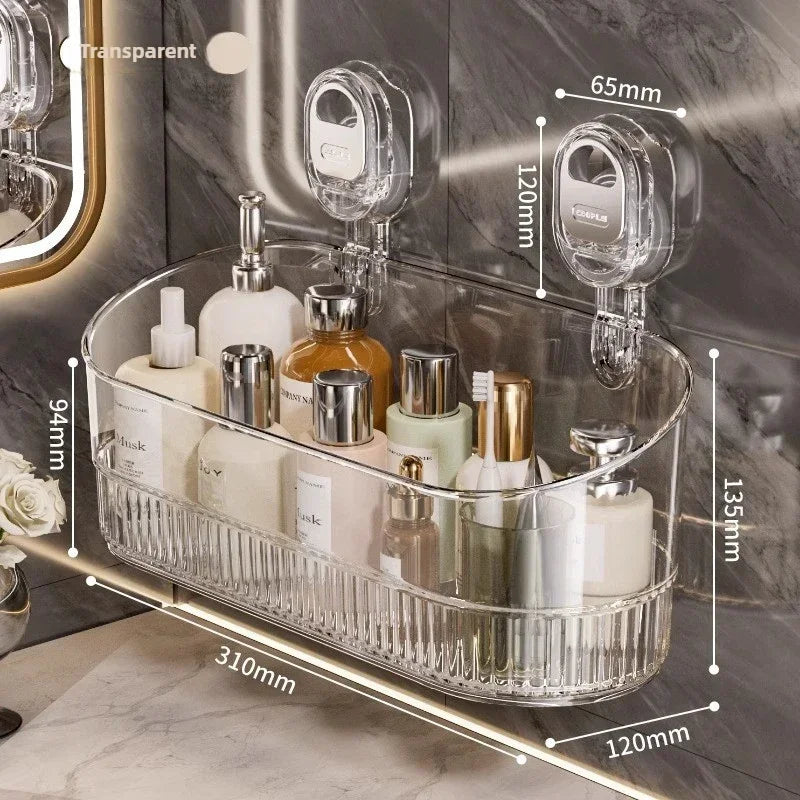 étagère salle bain transparente adhésive murale moderne rangement cosmétiques bouteilles savon textiles