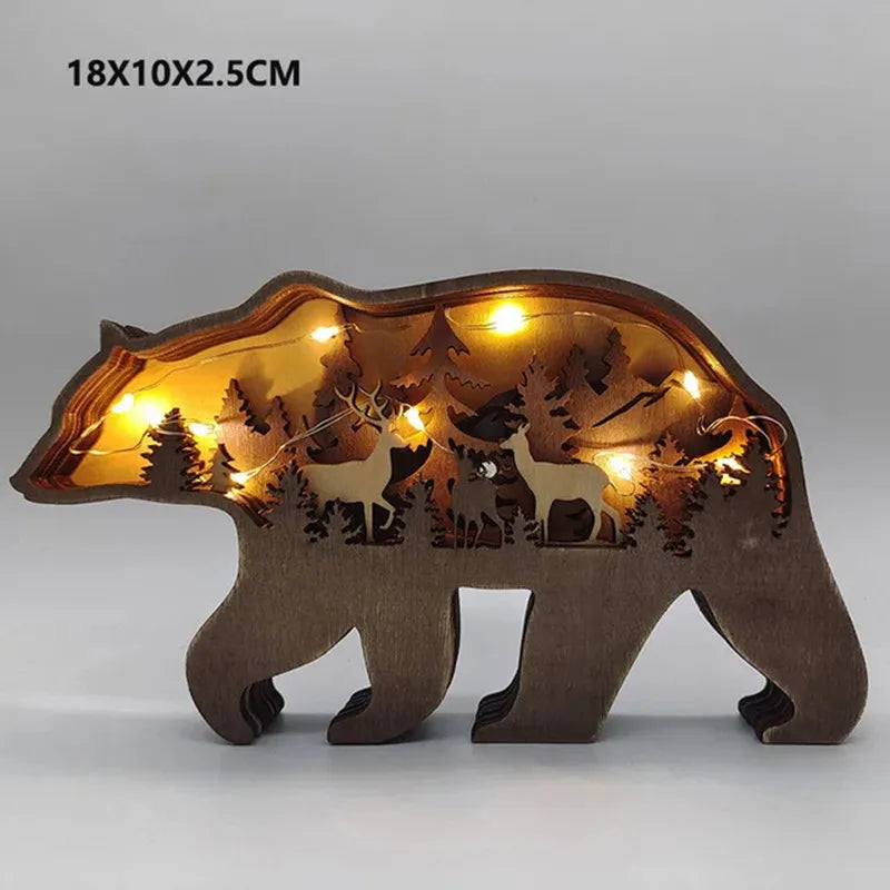 Sculptures animales lumineuses bois détails forestiers ours loup renne LED