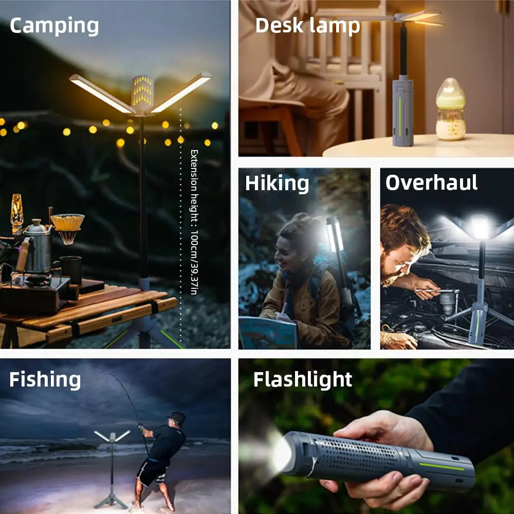 lampe camping rechargeable usb portable 8000mAh éclairage extérieur pliable trépied multifonctionnelle