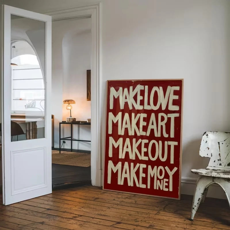 affiche moderne minimaliste rouge lettres blanches salon chambre décoration maison cadre métal abstraite vertical