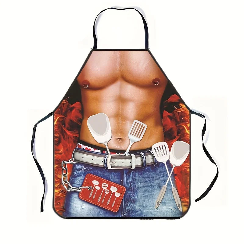 tablier cuisine rouge bleu beige gris imprimé torse musclé poignets cuillères ceinture humoristique opacité