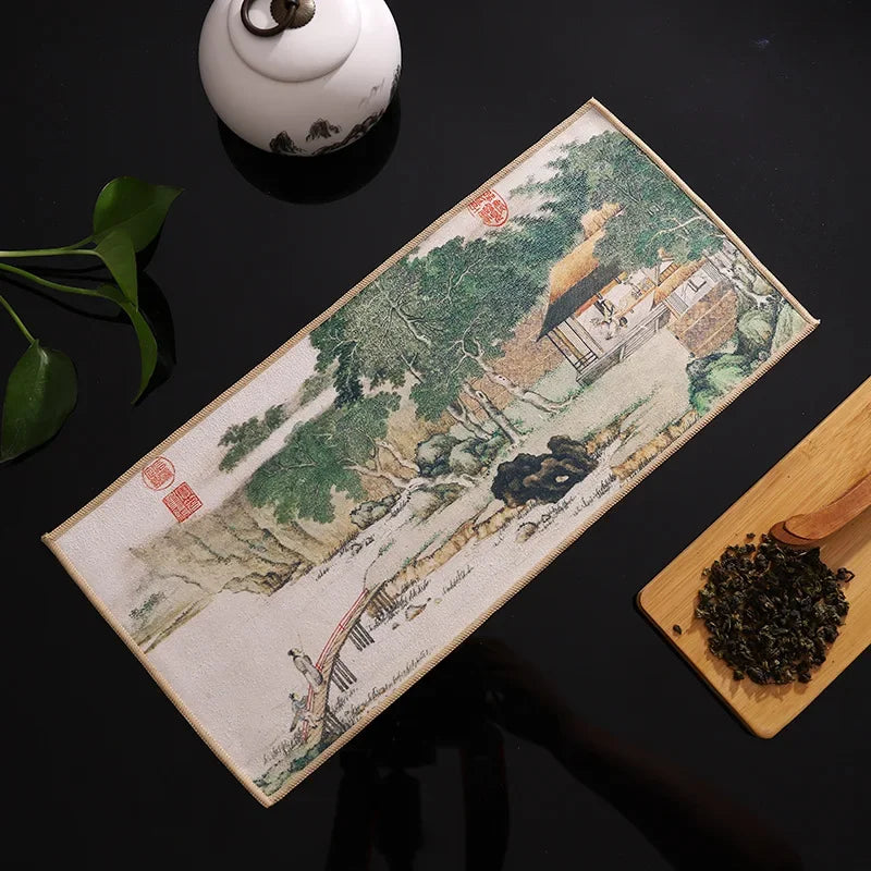 serviettes thé vert bleu beige peinture chinoise motifs floraux art traditionnel zipper cuisine