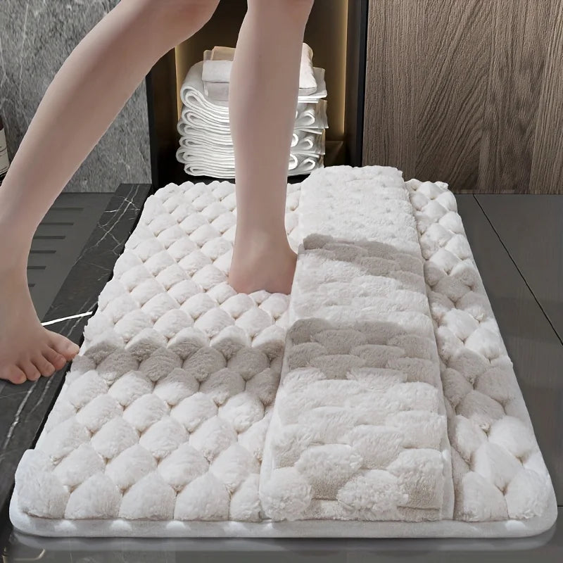 tapis bain polyester blanc gris marron texture moelleuse motif rondes formes moderne épuré absorbant