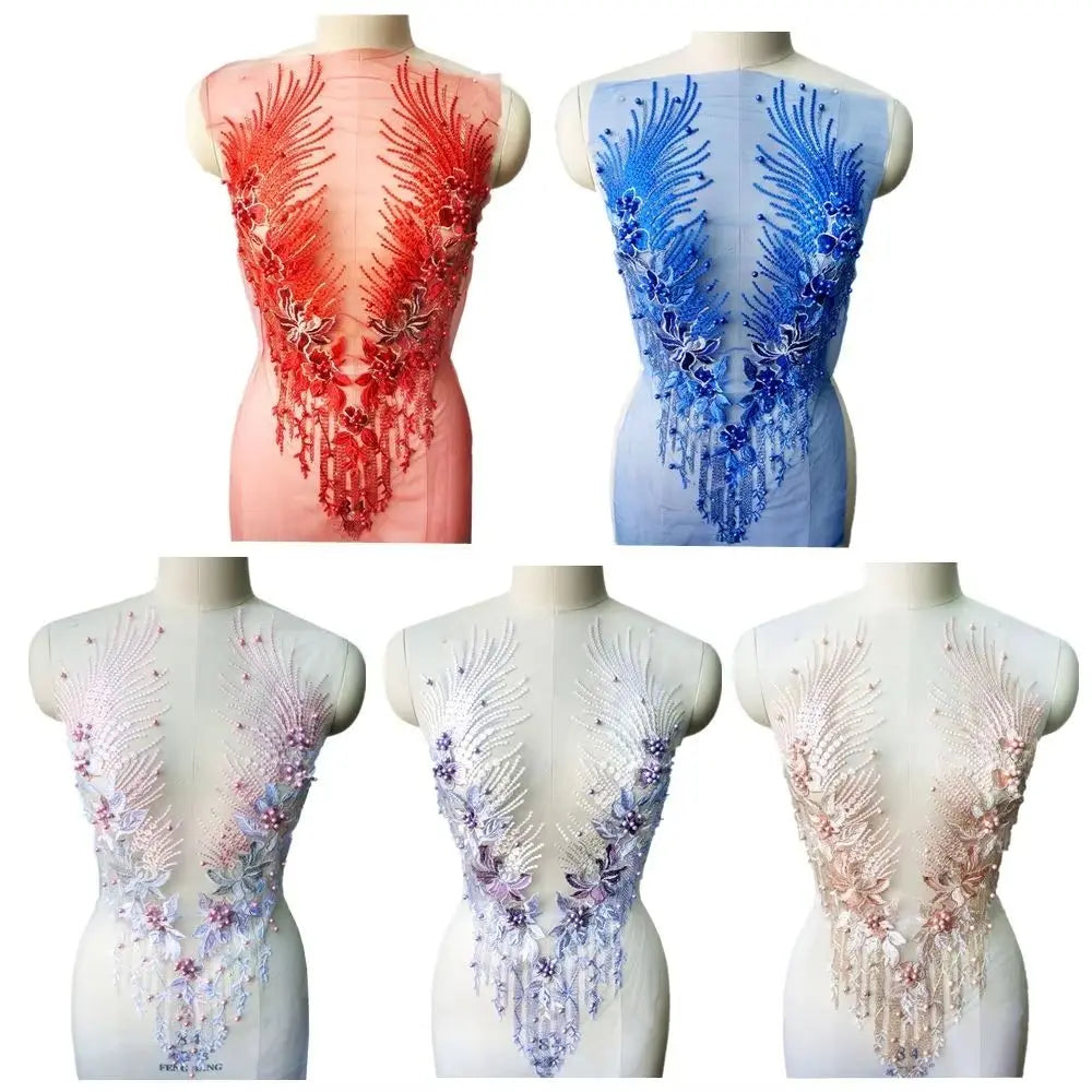 appliques textile brodées fleurs semi transparentes or rose bleu rouge élégantes DIY