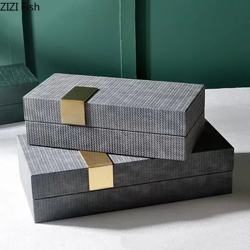 boîtes bijoux cuir gris vert moderne élégantes plaque dorée rangement cosmétiques pots rangement