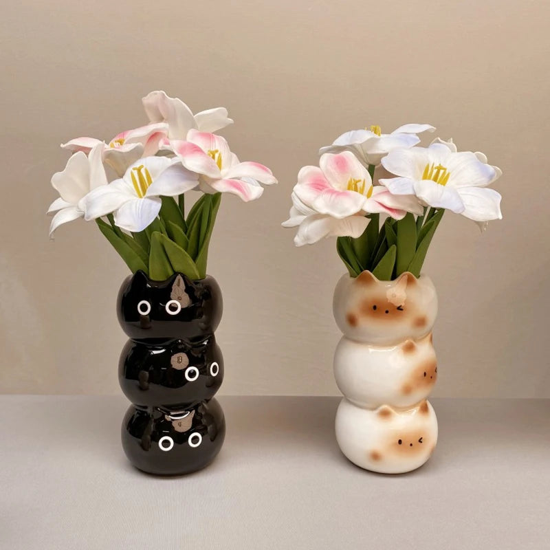 vase céramique blanc noir chaton taches marron décoratif animalier fleurs artificielles salon chambre