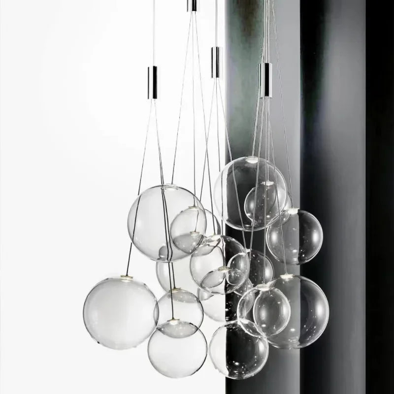 suspension lumineuse moderne sphères brillantes or argent transparentes chambre salle manger