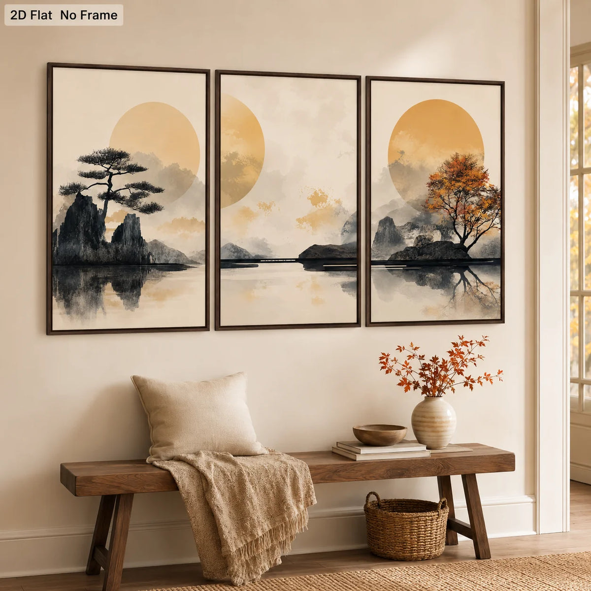 tableau moderne paysage abstrait montagnes arbres ciel reflets eau sans cadre beige orange gris