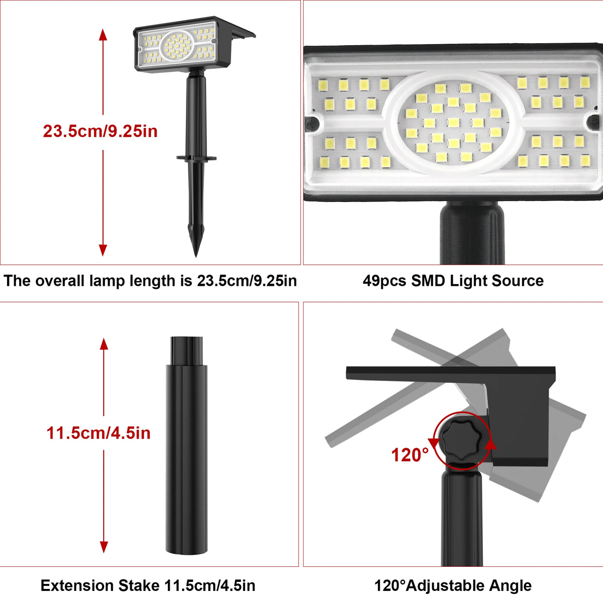 lampe solaire noire ip65 moderne fixée tringle angle ajustable 120degres résistante intempéries