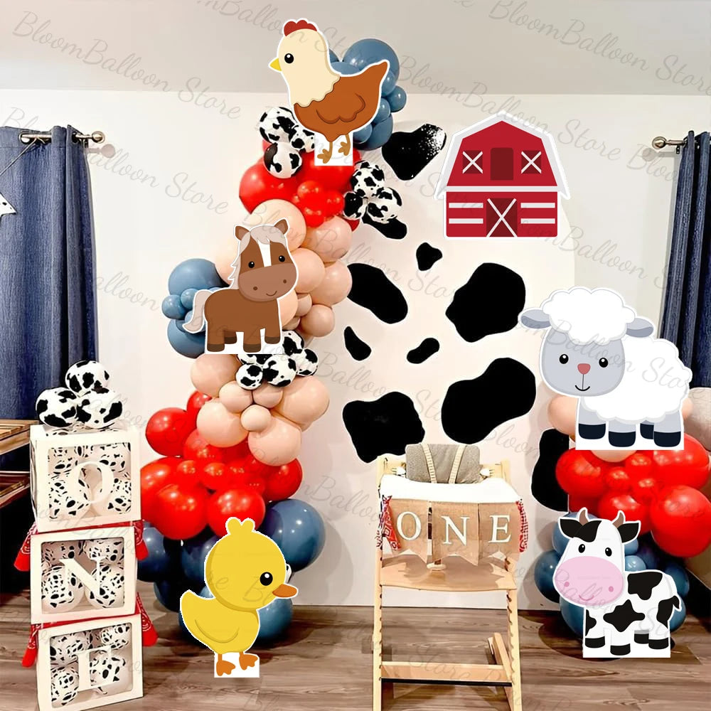 décorations fête animaux ferme porc poulet cheval vache mouton carton mousse rouge blanc bleu