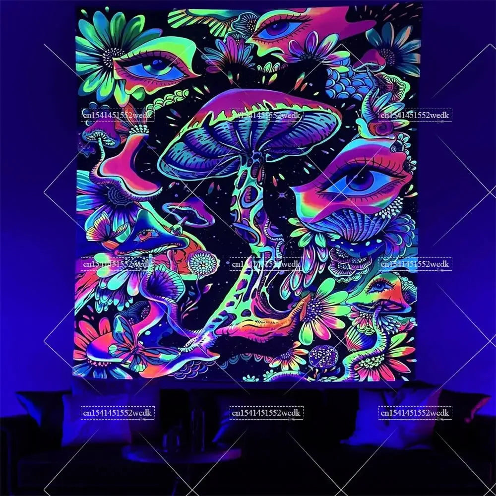 tapisserie murale multicolore oeil stylisé motifs géométriques artificielle psychédélique uv reactive