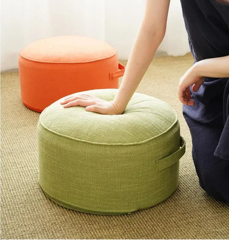 coussin rond lin mousse pu amovible lavable couleur beige orange décoration zen