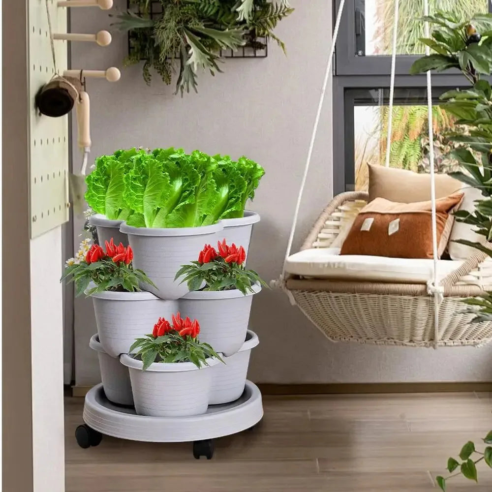 pots fleurs empilables plastique moderne roulettes noir vert foncé rouge gris clair