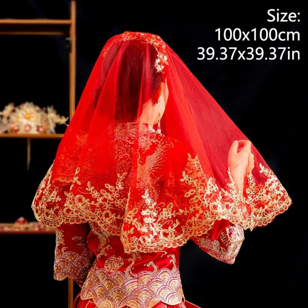 voile mariage rouge broderie dorée ornements floraux classique traditionnel opacité 100x100cm