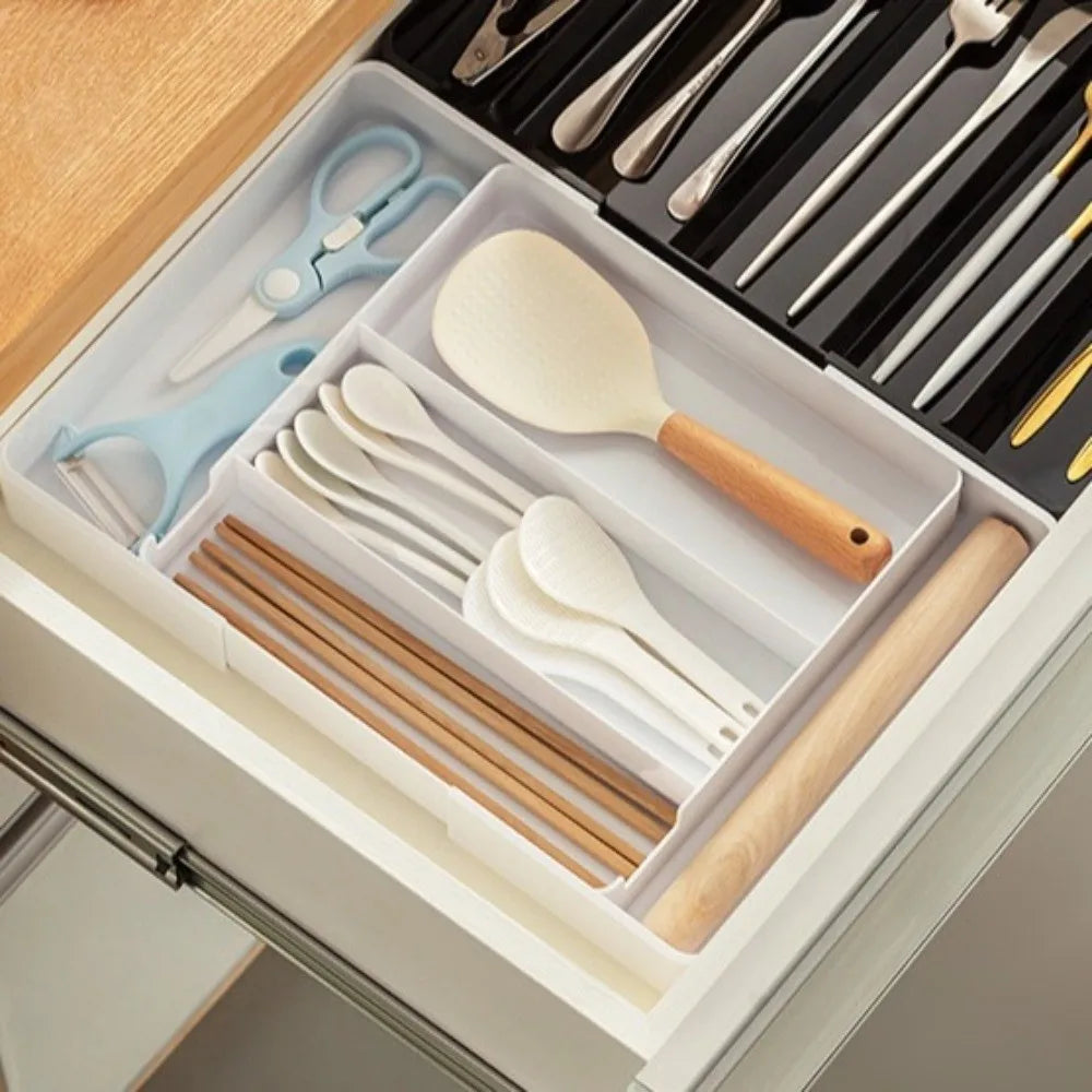 organisateur tiroir modulaire blanc rangement ustensiles cuisine minimaliste boîte papeterie rétractable conteneurs multifonctionnels