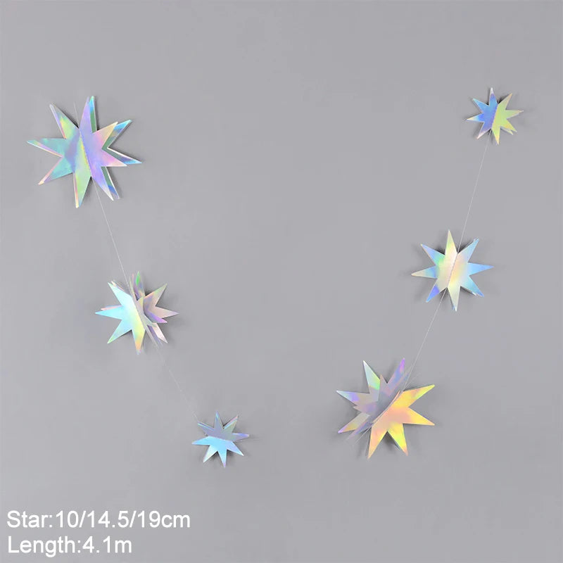 guirlande décorative multicolore stars lunes cercles effet holographique iridescent enfantin cosmique festif