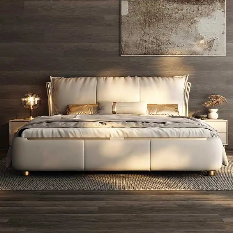 lit moderne beige clair bois pieds ronds oreillers draps couverture chambre coucher meubles maison
