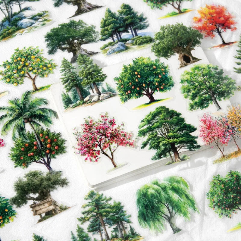 sticker illustration arbres divers couleurs feuillage adhésif album photo créatif vert rose blanc