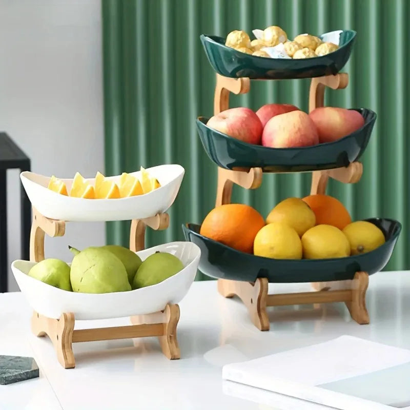 support fruits moderne bois blanc bambou compartimenté rose clair vert clips métalliques fruits variés