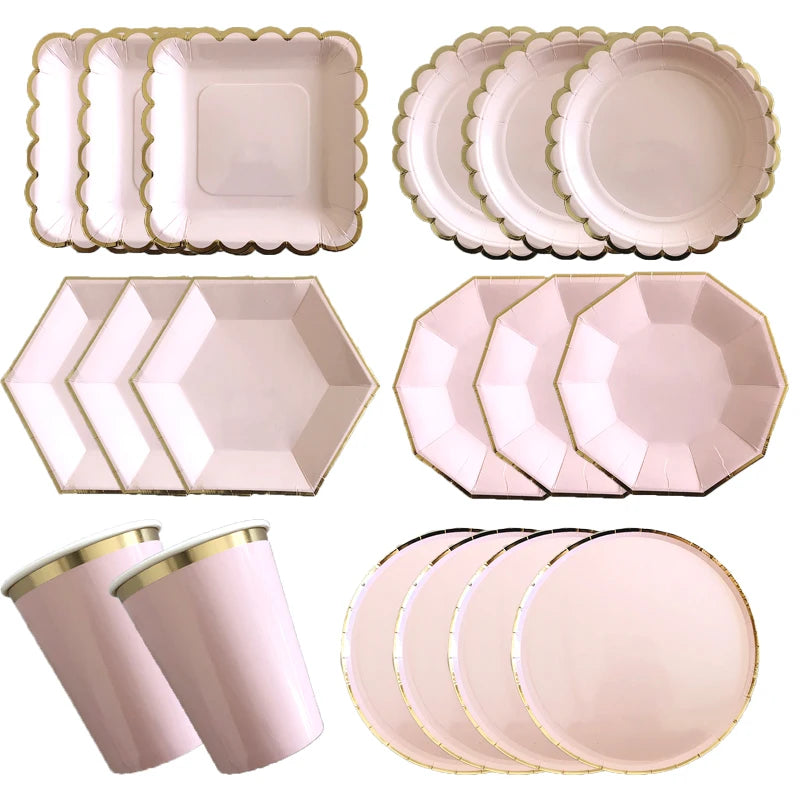 vaisselle jetable or rose assiettes papier serviettes tasses pailles bord doré motif dentelle anniversaire