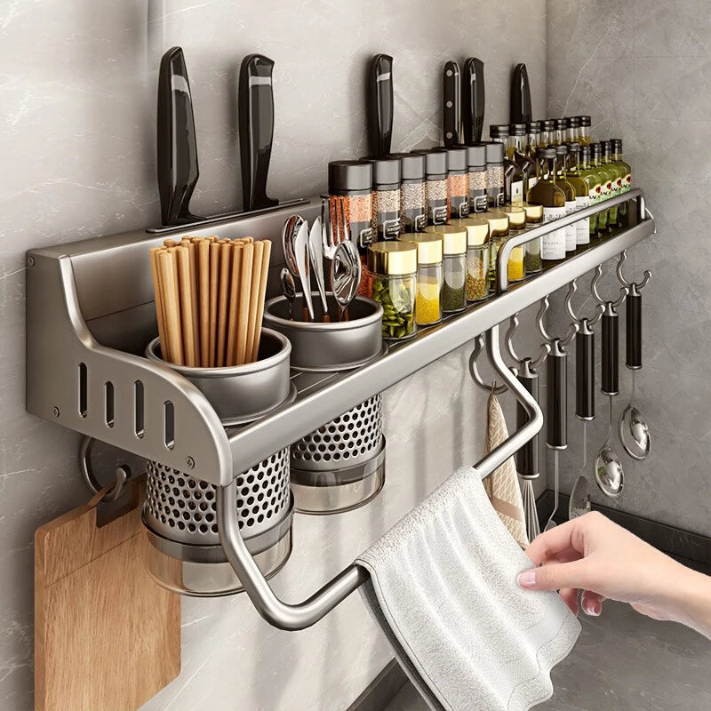 étagère cuisine multifonctionnelle argentée adhésive moderne couteaux cuillères bouteilles serviettes