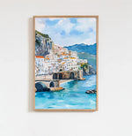 tableau paysage urbain amalfi coast italien bleu blanc vert beige montagnes rivière pont peinture