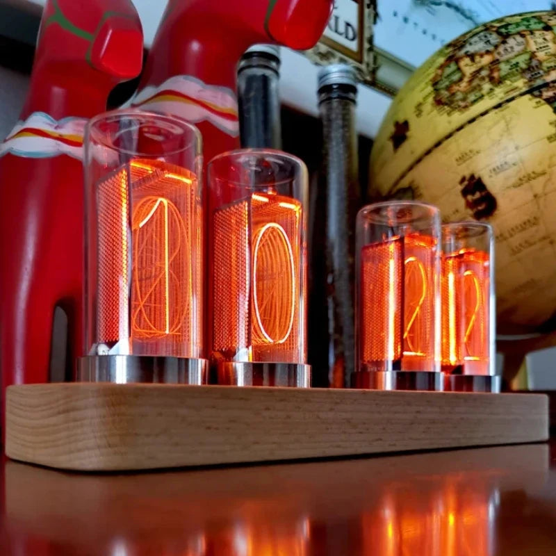 horloge numérique nixie vintage affichage chiffres bois clair figurines chevaux đèn số điện tử