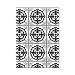 Motif décoratif floral noir et gris avec des cadres géométriques, un design classique et élégant.