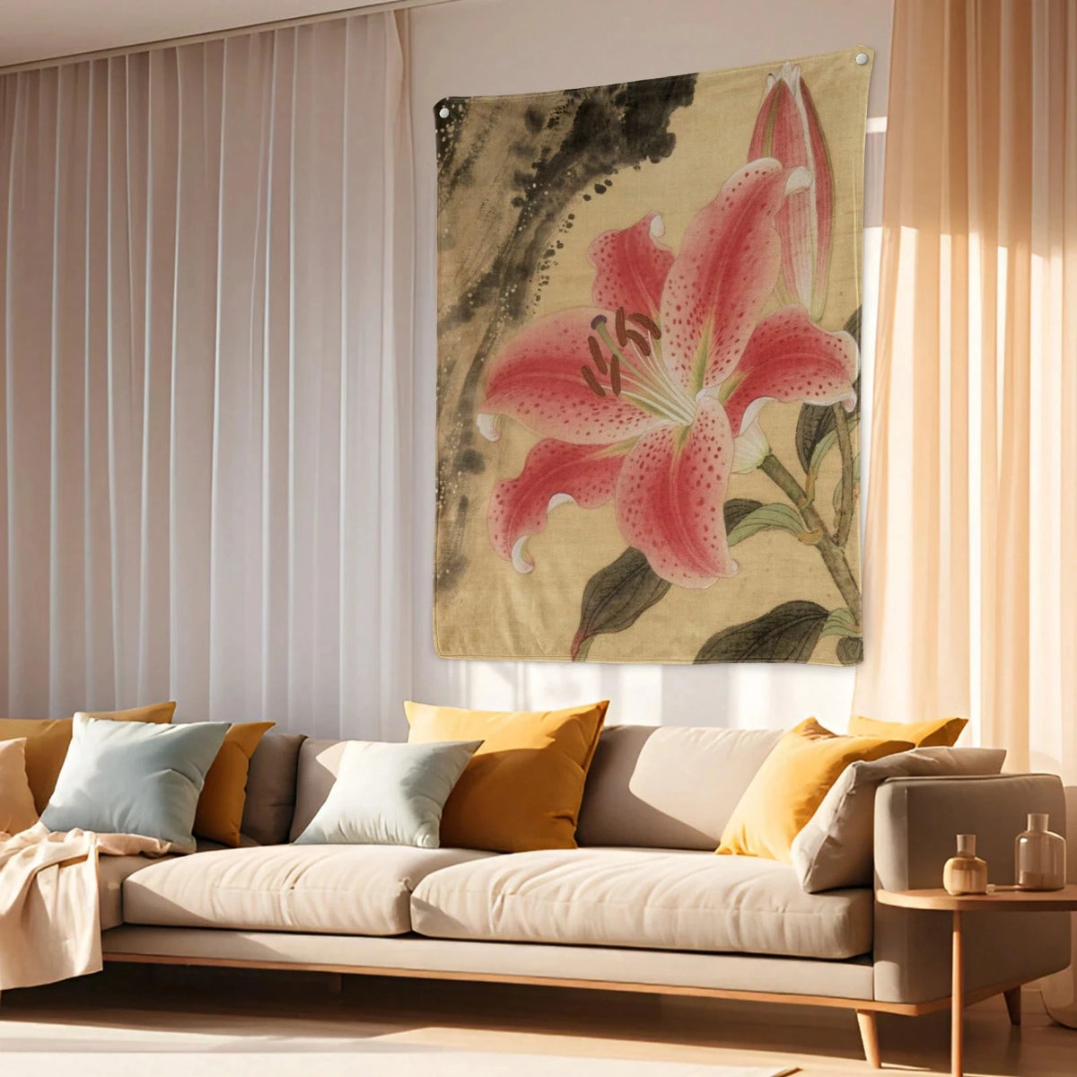 tapisserie fleurs lys rose feuilles vertes art floral salon chambre élégante impressionniste minimaliste