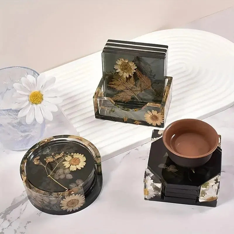 moules silicone sous verres deco minimaliste fleurs séchées marbre opaques noir blanc beige adhésif
