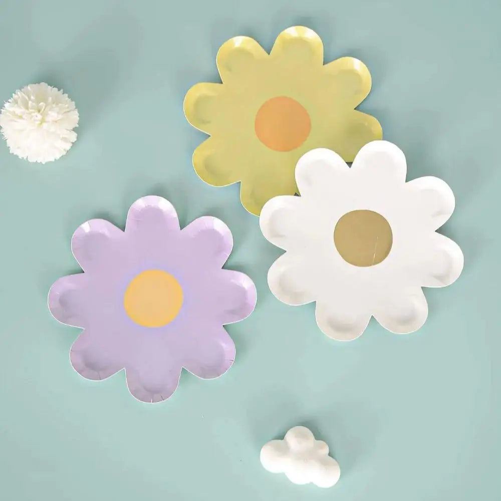 assiettes jetables fleurs dorées blanc vert jaune rose violet moderne fête enfants