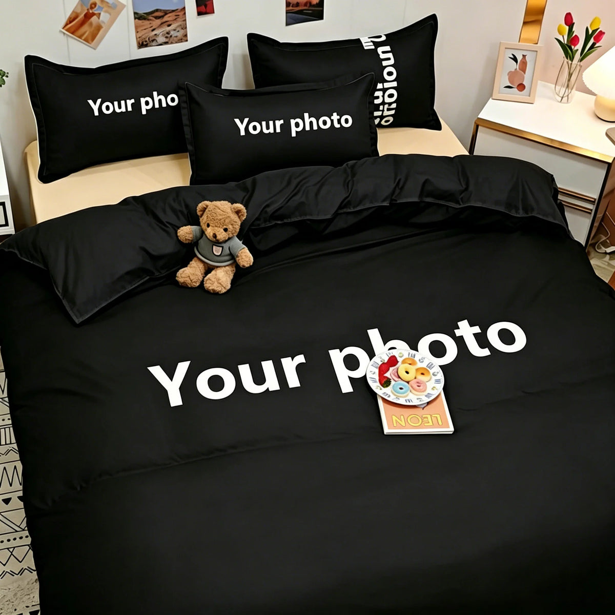 housse couette personnalisable moderne noir imprimé textes oreillers lit maison