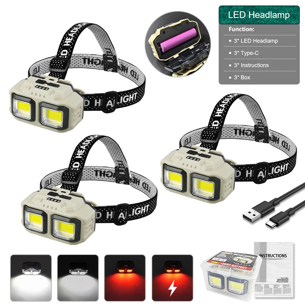 lampe frontale led beige noir points blancs ruban ajustable rechargeable camping pêche randonnée