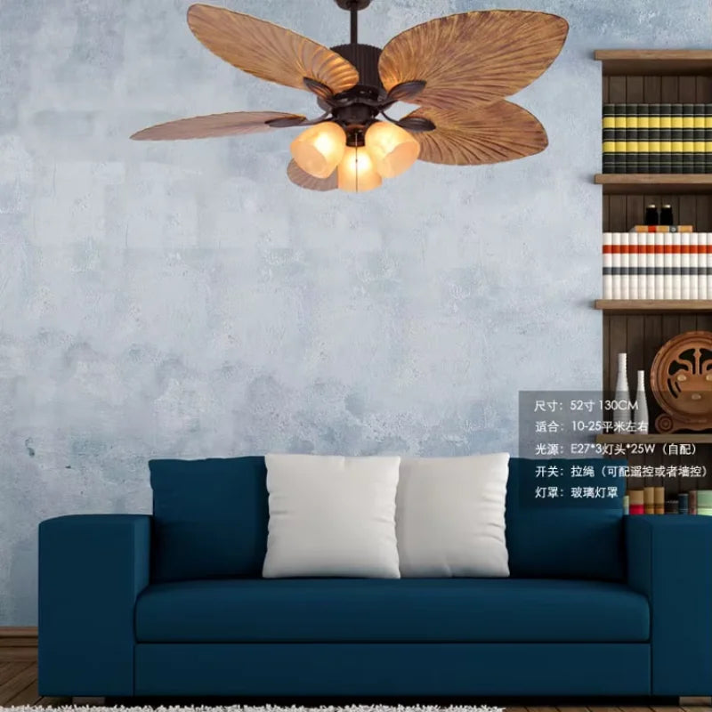 ventilateur 52 pouces moderne rustique feuilles palmier bois ampoules led télécommande lumières