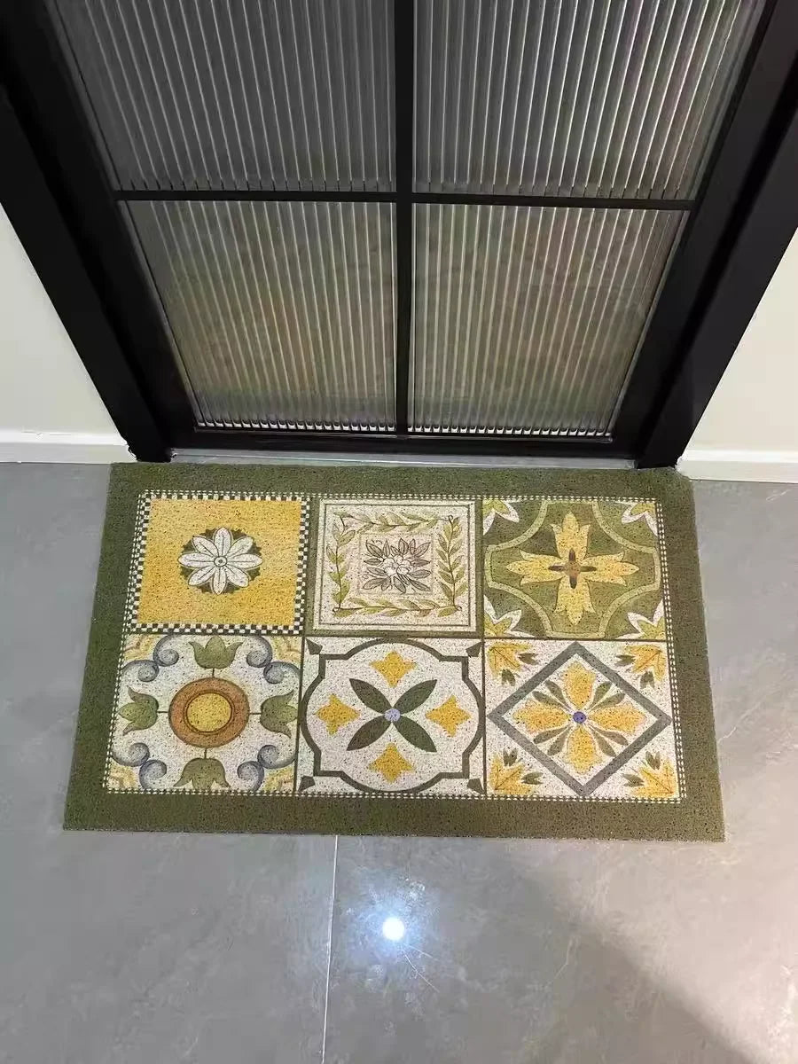 tapis extérieur antidérapant imperméable résistant bactéries motifs floraux couleurs classiques vert olive blanc