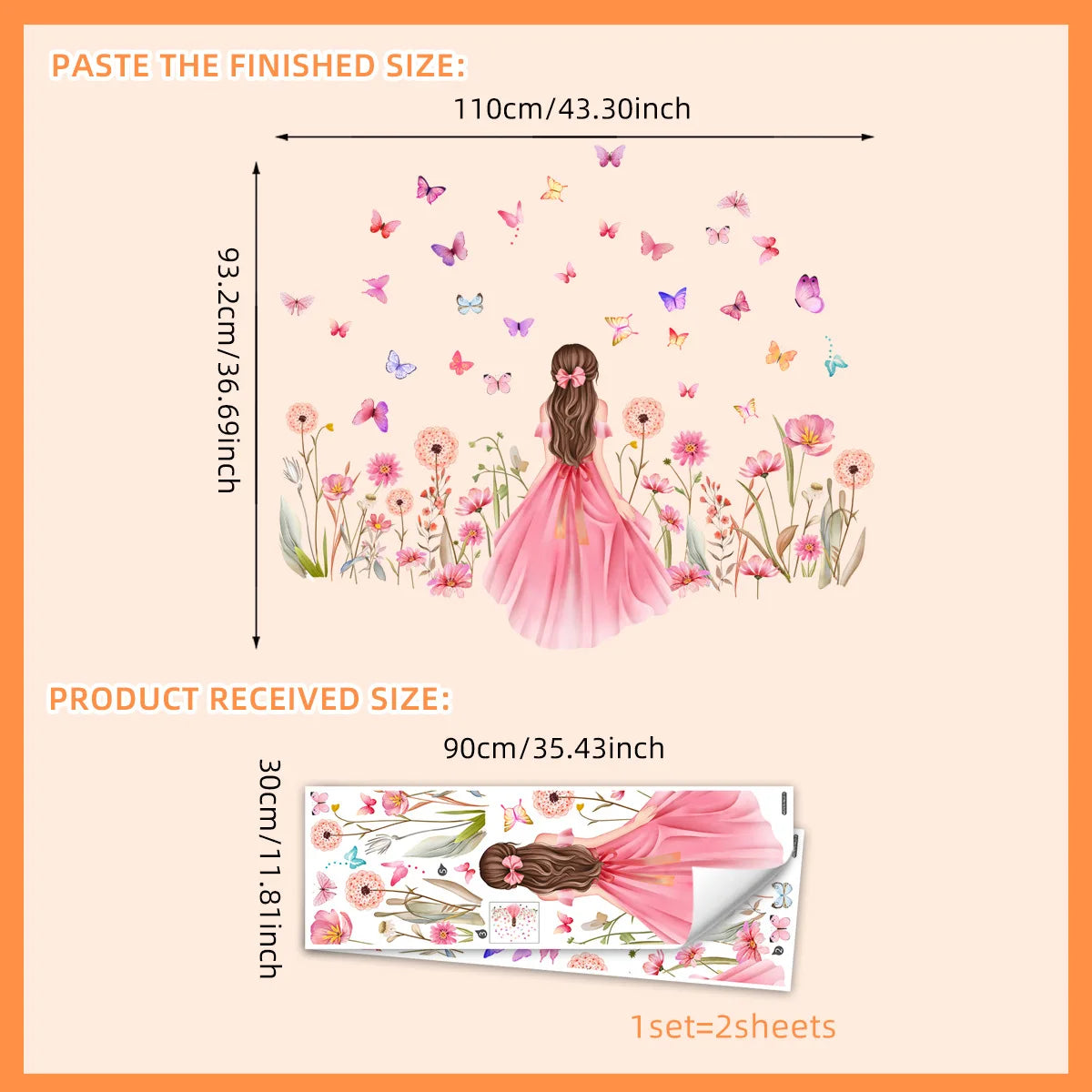 sticker mural illustration fille robe rose fleurs papillons colorées décoration chambre enfant adhésif auto