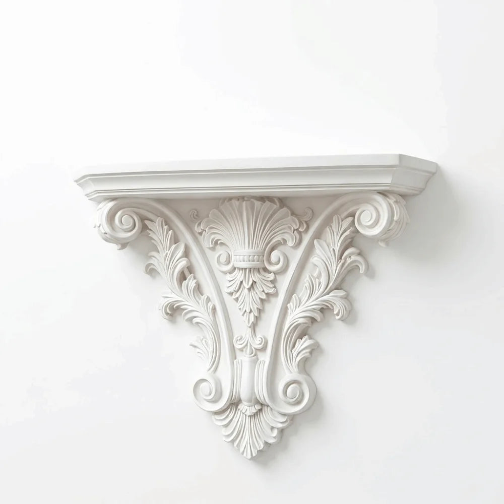 étagère murale décorative sculptée blanc noir bougies cristaux livres vases motifs ornementaux fixations murales