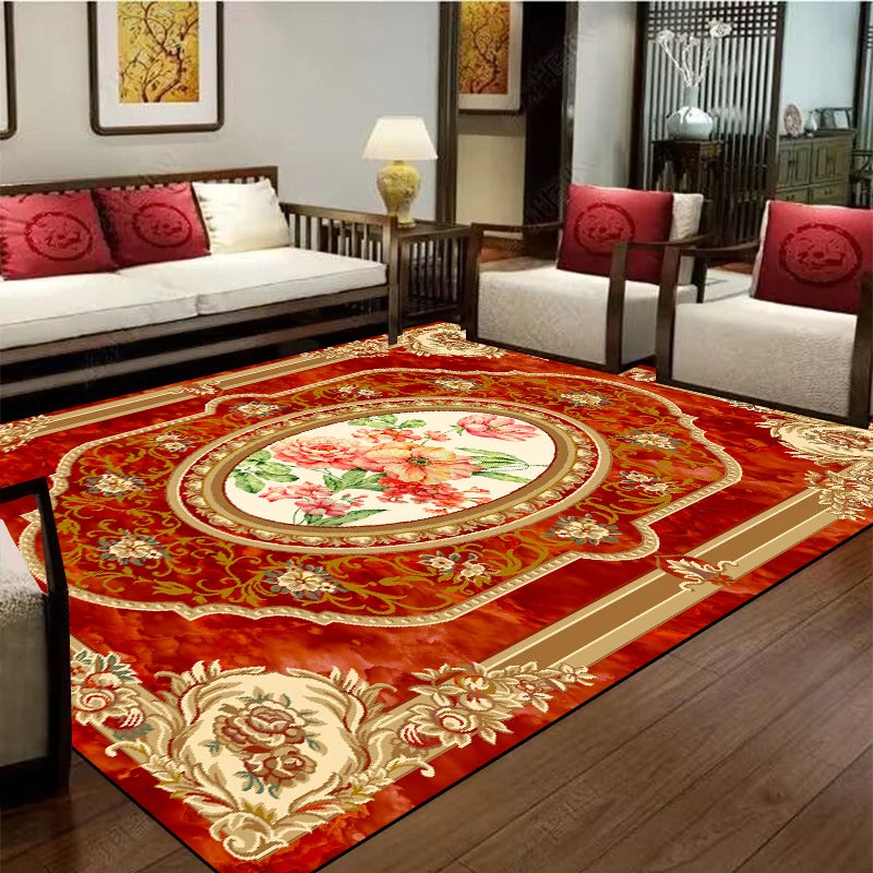 Tapis somptueux au motif floral et doré, au design élégant et sophistiqué, ajoutant une touche de luxe à cette pièce.