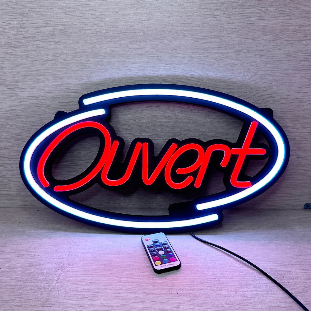 enseigne lumineuse ouverte néon rouge texte ouvert décoration intérieure télécommande adaptable