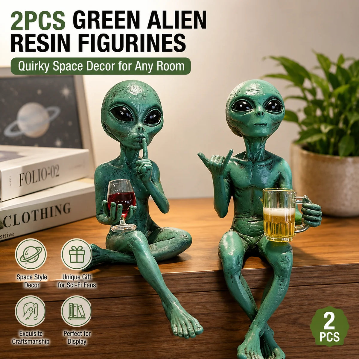 figurines aliens vertes résine détails sculptés moderne humour verre vin bière décoration chambre science