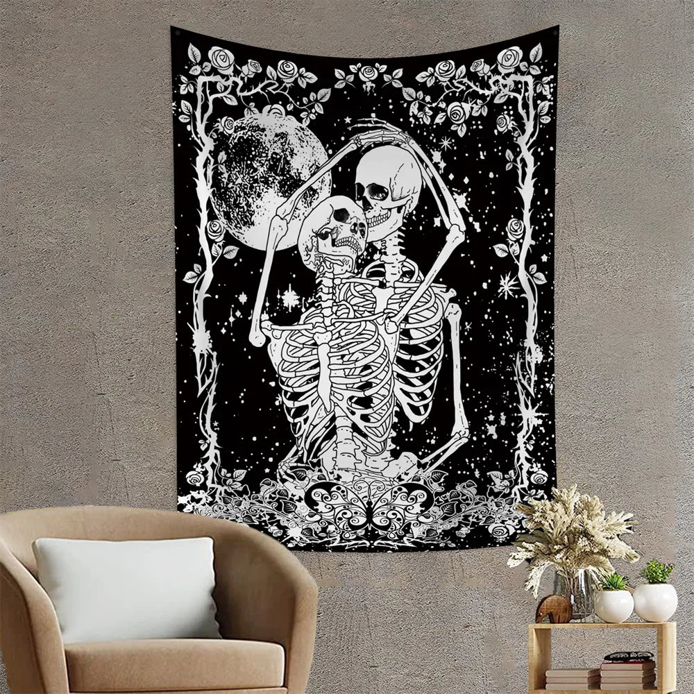 tapisserie gothique squelette épée fleurs étoiles noires romantique chambre décoration